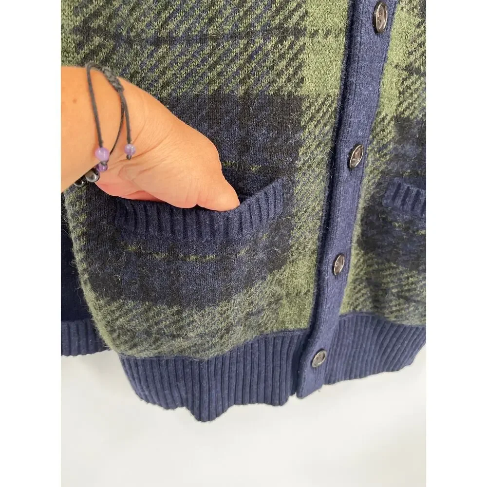 Banana Republic Navy Green Plaid Shawl Collar Cardigan Wool Blend Men’s XL